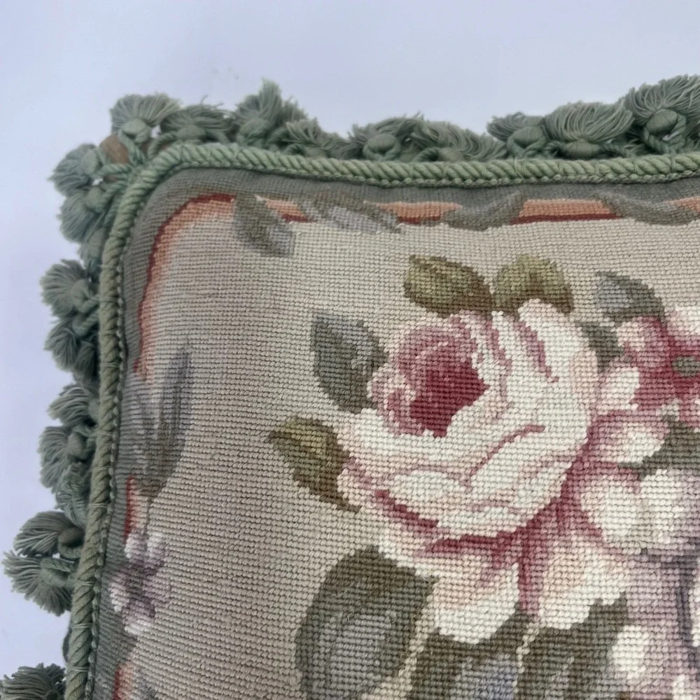 VTG‎ Aubusson Tapestry Rose Green Fringe Needlepoint Feather Down Country Pillow